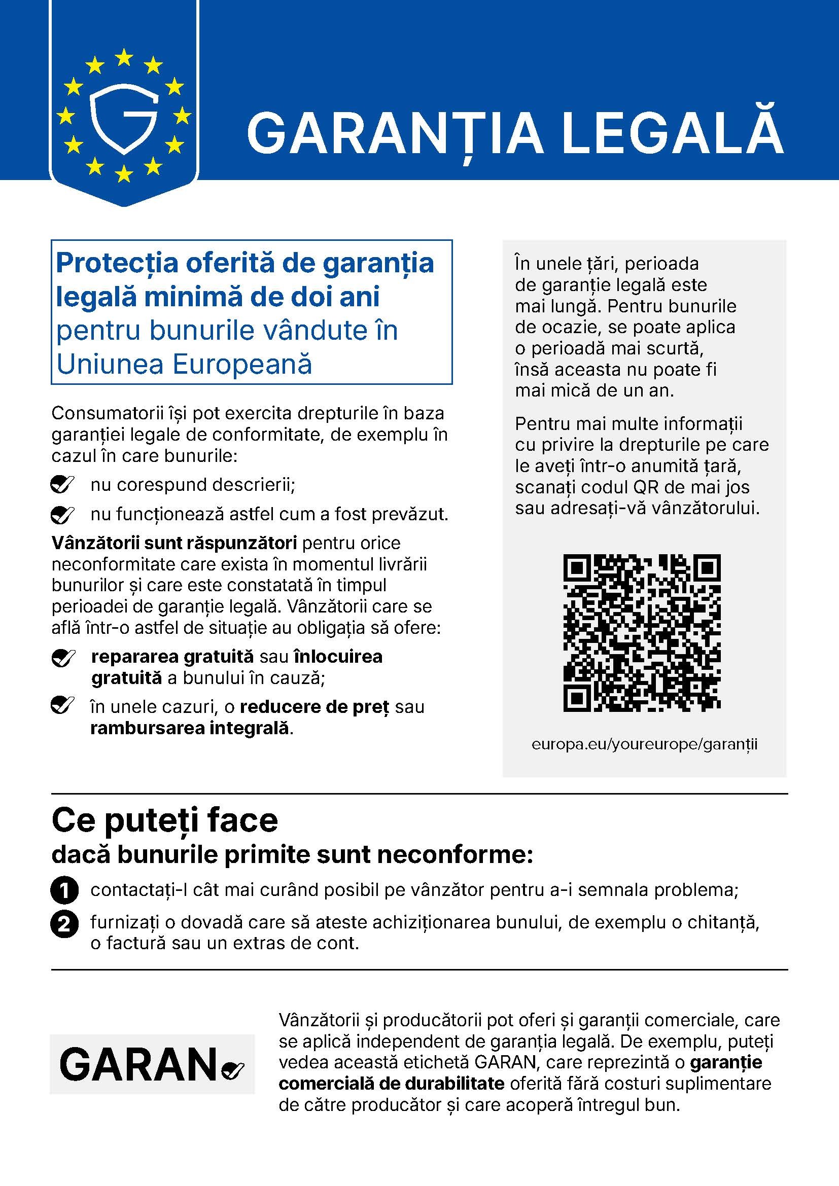 Notificarea Uniunii Europene privind garanția legală de conformitate